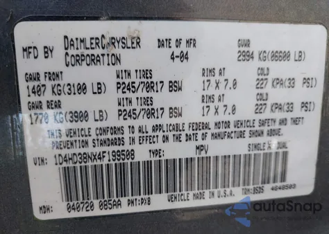 2004 Dodge Durango St z USA, uszkodzony, nr VIN 1D4HD38NX4F199508